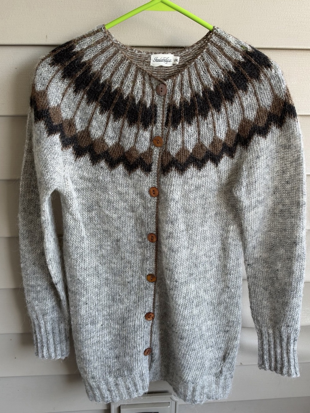Vtg Icelandic Womens Alpaca Knit Nordic Gray Brown Button Cardigan Sz L Cabin